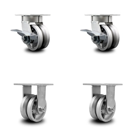 Service Caster 4 Inch Kingpinless V Groove Semi Steel Wheel Caster Brakes 2 Rigid SCC, 2PK SCC-KP30S420-VGR-SLB-2-R-2